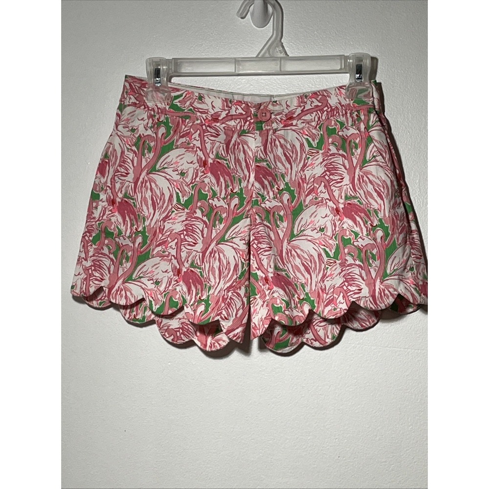 Lilly Pulitzer Buttercup Scalloped Shorts Pink Green Flamingo Print Sz‎ 00